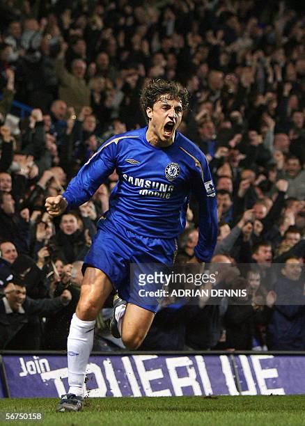 London, UNITED KINGDOM: Chelsea's Hernan Crespo celebrates scoring the second goal against Liverpool during the Premiership football match at...