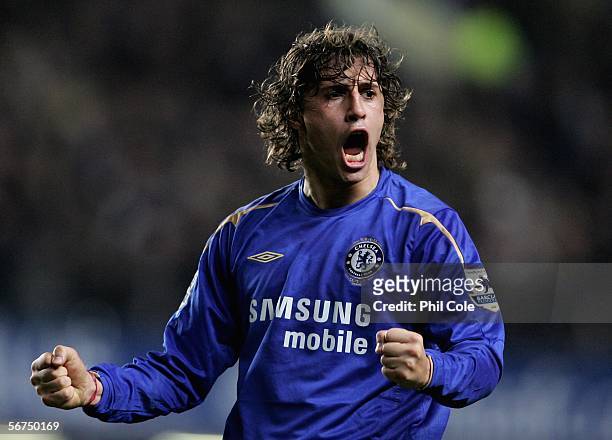 Hernan Crespo of Chelsea celebrates scoring the second goal of the game during the Barclays Premiership match between Chelsea and Liverpool at...