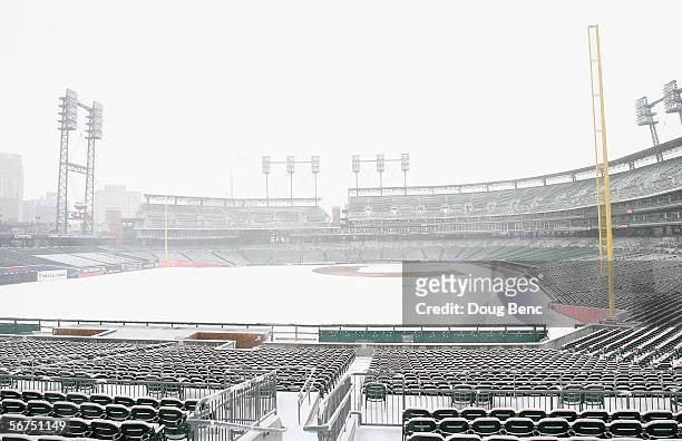 General view of Comerica Park in the snow, which is located next to Ford Field, site of Super Bowl XL, on the morning of Super Bowl XL between the...