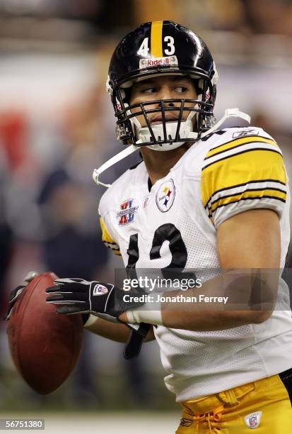 Safety Troy Polamalu of the Pittsburgh Steelers goes through warm-ups on the field prior to taking on the Seattle Seahawks in Super Bowl XL at Ford...