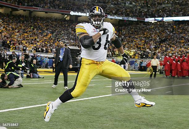 Running back Jerome Bettis of the Pittsburgh Steelers runs out onto the field first as his team is introduced before the start of Super Bowl XL...