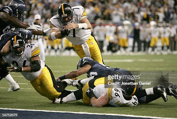Quarterback Ben Roethlisberger of the Pittsburgh Steelers leaps into the end zone for a 1 yard touchdown second quarter against the Seattle Seahawks...