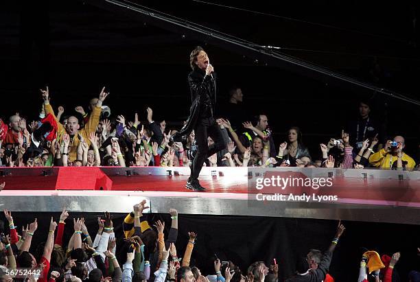 Lead singer Mick Jagger and The Rolling Stones perform during the "Sprint Super Bowl XL Halftime Show" at Super Bowl XL between the Seattle Seahawks...