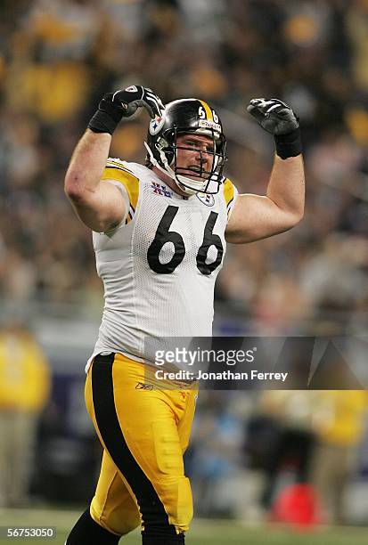 Offensive lineman Alan Faneca of the Pittsburgh Steelers celebrates late in the fourth quarter against the Seattle Seahawks in Super Bowl XL at Ford...