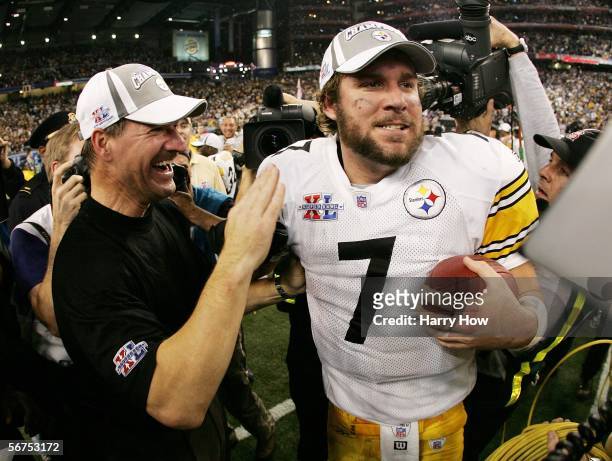 Head coach Bill Cowher of the Pittsburgh Steelers celebrates with quarterback Ben Roethlisberger after defeating the Seattle Seahawks in Super Bowl...