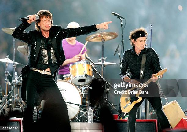 Musicians Mick Jagger, Charlie Watts and Keith Richards of The Rolling Stones perform during the "Sprint Super Bowl XL Halftime Show" at Super Bowl...