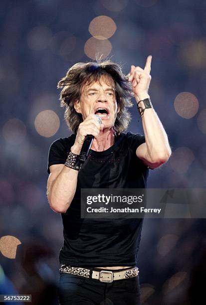 Musician Mick Jagger of The Rolling Stones perform during the "Sprint Super Bowl XL Halftime Show" at Super Bowl XL between the Seattle Seahawks and...