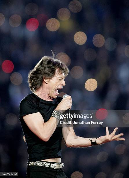 Musician Mick Jagger of The Rolling Stones perform during the "Sprint Super Bowl XL Halftime Show" at Super Bowl XL between the Seattle Seahawks and...