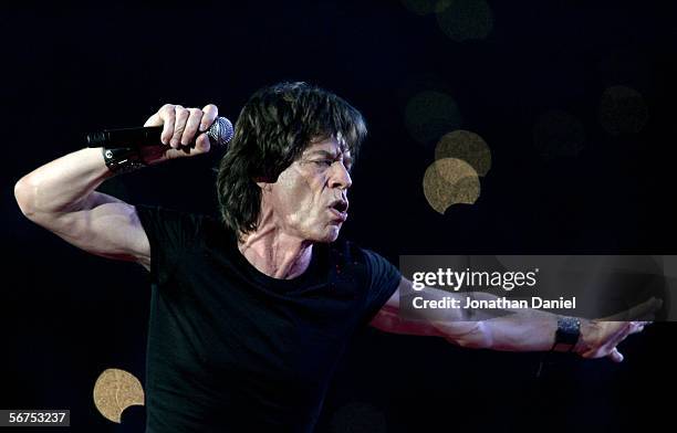 Musician Mick Jagger of The Rolling Stones perform during the "Sprint Super Bowl XL Halftime Show" at Super Bowl XL between the Seattle Seahawks and...