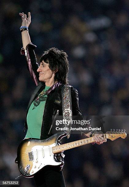 Musician Ronnie Wood of The Rolling Stones perform during the "Sprint Super Bowl XL Halftime Show" at Super Bowl XL between the Seattle Seahawks and...