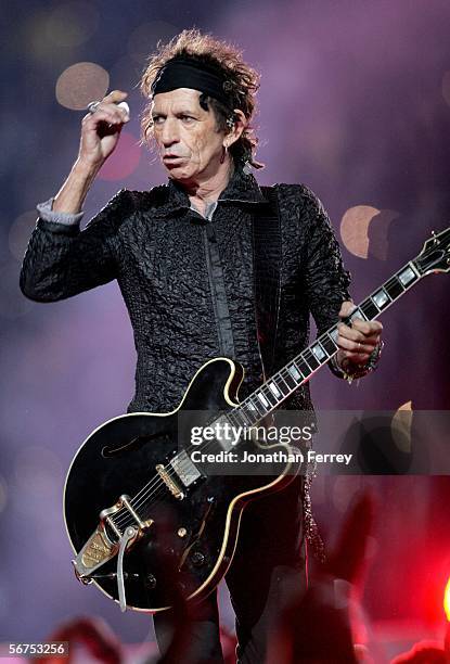Musician Keith Richards of The Rolling Stones perform during the "Sprint Super Bowl XL Halftime Show" at Super Bowl XL between the Seattle Seahawks...