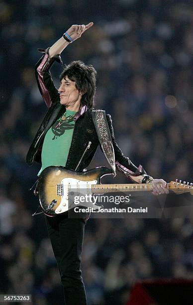 Musician Ronnie Wood of The Rolling Stones perform during the "Sprint Super Bowl XL Halftime Show" at Super Bowl XL between the Seattle Seahawks and...