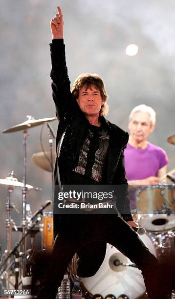 Musician Mick Jagger of The Rolling Stones perform during the "Sprint Super Bowl XL Halftime Show" at Super Bowl XL between the Seattle Seahawks and...