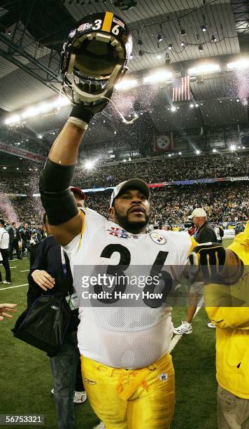 Running back Jerome Bettis of the Pittsburgh Steelers celebrates on the field after defeating the Seattle Seahawks in Super Bowl XL at Ford Field on...