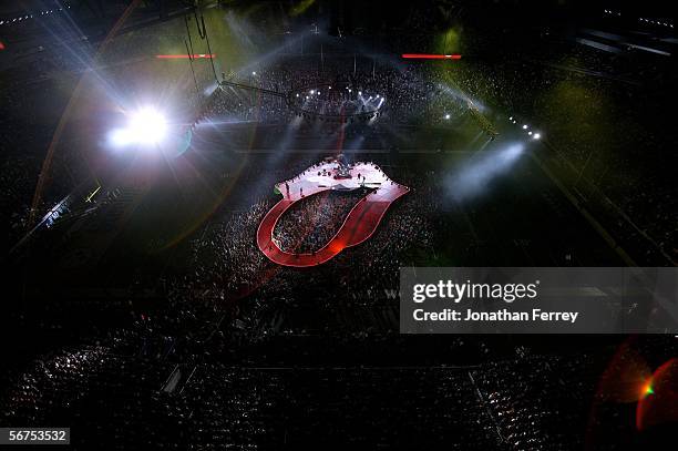 The Rolling Stones perform during the "Sprint Super Bowl XL Halftime Show" at Super Bowl XL between the Seattle Seahawks and the Pittsburgh Steelers...