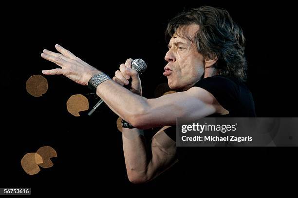 Musician Mick Jagger of The Rolling Stones perform during the "Sprint Super Bowl XL Halftime Show" at Super Bowl XL between the Seattle Seahawks and...