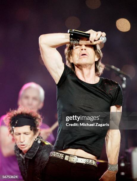 Musician Mick Jagger of The Rolling Stones perform during the "Sprint Super Bowl XL Halftime Show" at Super Bowl XL between the Seattle Seahawks and...