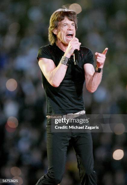 Musician Mick Jagger of The Rolling Stones perform during the "Sprint Super Bowl XL Halftime Show" at Super Bowl XL between the Seattle Seahawks and...