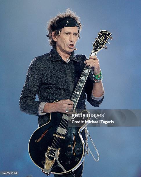 Musician Keith Richards of The Rolling Stones perform during the "Sprint Super Bowl XL Halftime Show" at Super Bowl XL between the Seattle Seahawks...