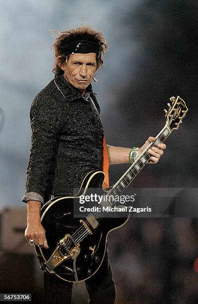 Musician Keith Richards of The Rolling Stones perform during the "Sprint Super Bowl XL Halftime Show" at Super Bowl XL between the Seattle Seahawks...