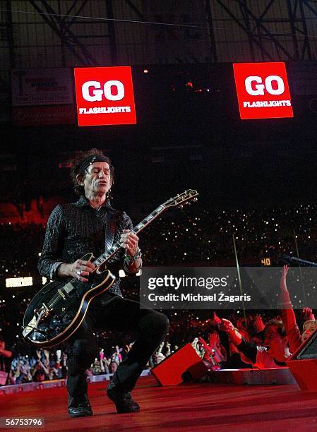 Musician Keith Richards of The Rolling Stones perform during the "Sprint Super Bowl XL Halftime Show" at Super Bowl XL between the Seattle Seahawks...