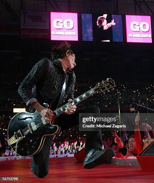 Musician Keith Richards of The Rolling Stones perform during the "Sprint Super Bowl XL Halftime Show" at Super Bowl XL between the Seattle Seahawks...