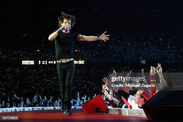 Musician Mick Jagger of The Rolling Stones perform during the "Sprint Super Bowl XL Halftime Show" at Super Bowl XL between the Seattle Seahawks and...