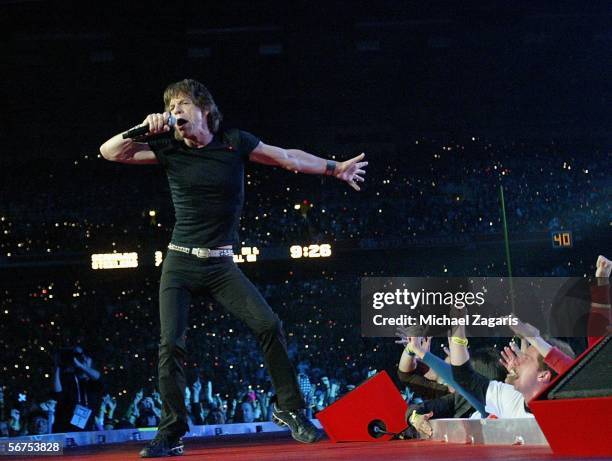 Musician Mick Jagger of The Rolling Stones perform during the "Sprint Super Bowl XL Halftime Show" at Super Bowl XL between the Seattle Seahawks and...