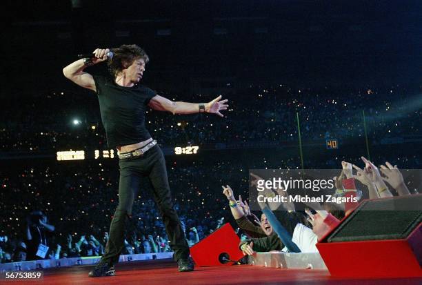 Musician Mick Jagger of The Rolling Stones perform during the "Sprint Super Bowl XL Halftime Show" at Super Bowl XL between the Seattle Seahawks and...