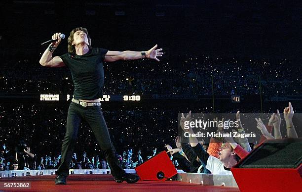 Musician Mick Jagger of The Rolling Stones perform during the "Sprint Super Bowl XL Halftime Show" at Super Bowl XL between the Seattle Seahawks and...