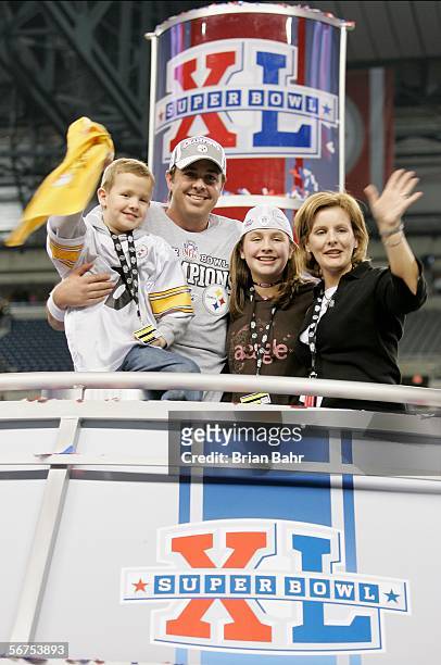 Tommy Maddox the Pittsburgh Steelers celebrates with his family following the Steelers 21-10 win over the Seattle Seahawks in Super Bowl XL at Ford...