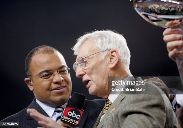 Team owner Dan Rooney of the Pittsburgh Steelers is interviewed by ESPN's Mike Tirico following the Steelers 21-10 win over the Seattle Seahawks in...