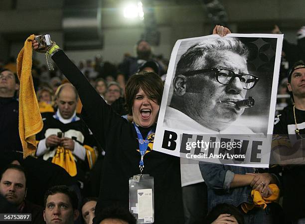 Fan of the Pittsburgh Steelers holds up an image of Art Rooney following the Steelers 21-10 win over the Seattle Seahawks in Super Bowl XL at Ford...