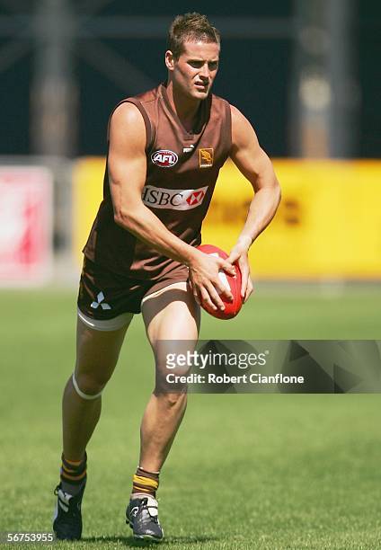 Trent Croad of the Hawks in action during a training session as part of the Hawthorn AFL Community Camp at Aurora Stadium February 6, 2006 in...