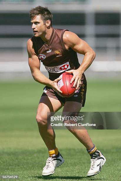 Shane Crawford of the Hawks in action during a training session as part of the Hawthorn AFL Community Camp at Aurora Stadium February 6, 2006 in...