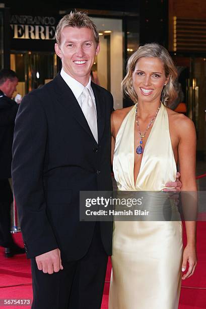 Brett Lee and partner Liz Kemp arrive for the Allan Border Medal Dinner held at Crown Casino on February 6, 2006 in Melbourne, Australia. The Allan...