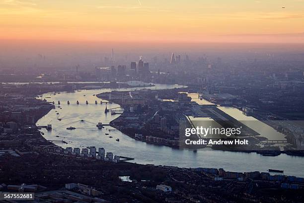 aerial view west of excel and london city airport - london docklands fotografías e imágenes de stock