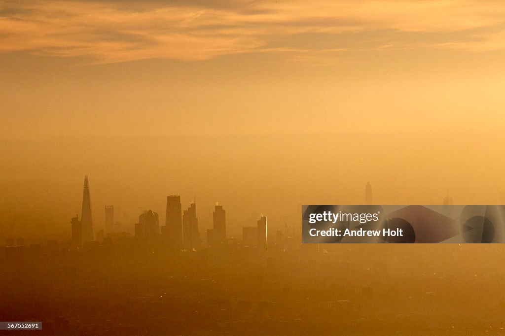 Aerial view South across the city of London in fog and or air pollution