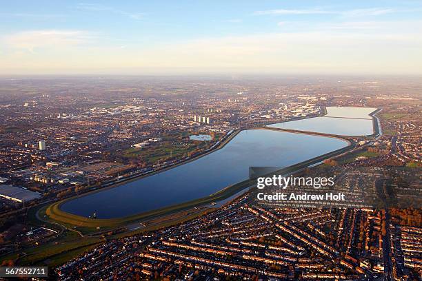 aerial view north west across william girling reservoir lea valley enfield - enfield stock pictures, royalty-free photos & images