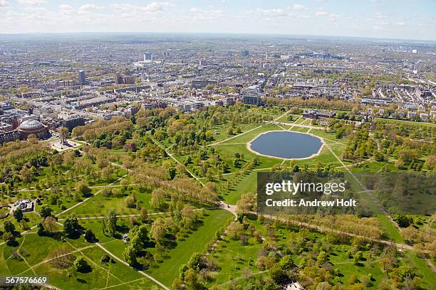 aerial view west of hyde park and kensington palace also royal albert hall albert memorial  london w2 uk; - hyde park - london stock pictures, royalty-free photos & images