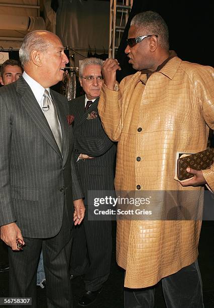 Designer Oscar De La Renta and Editor Andre Leon Tally backstage at the Oscar Del La Renta Fall 2006 fashion show during Olympus Fashion Week at...