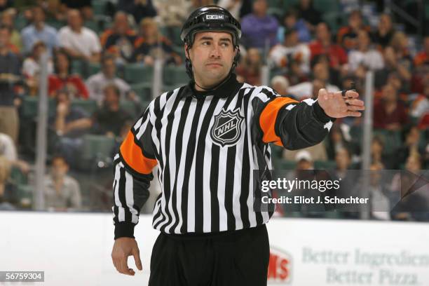 Referee Marc Joannette makes a call during the Florida Panthers game against the Toronto Maple Leafs at BankAtlantic Center on January 30, 2006 in...