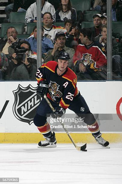 Joe Nieuwendyk of the Florida Panthers handles the puck against the Toronto Maple Leafs at BankAtlantic Center on January 30, 2006 in Sunrise,...