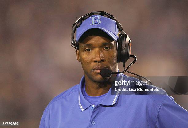 Head coach Karl Dorrell of the UCLA Bruins looks on against the University of California Golden Bears on October 8, 2005 at the Rose Bowl in...