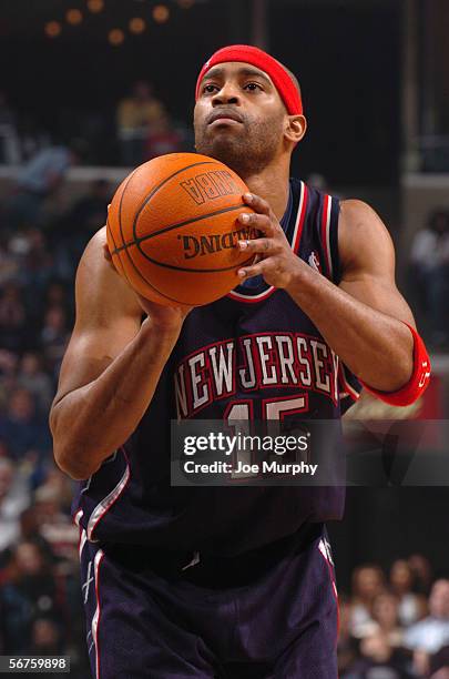 Vince Carter of the New Jersey Nets shoots a free throw against the Memphis Grizzlies at FedExForum on January 13, 2006 in Memphis, Tennessee. The...