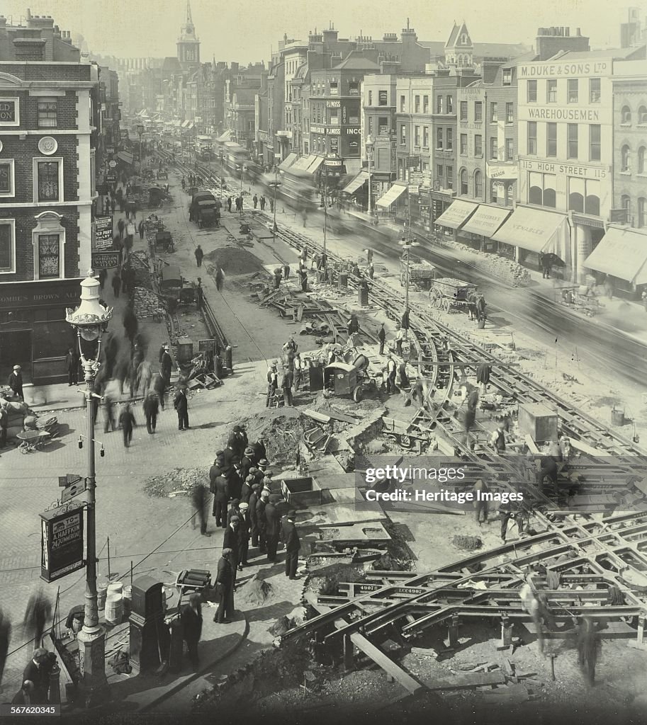 Tramlines Being Laid, Whitechapel High Street, London, 1929