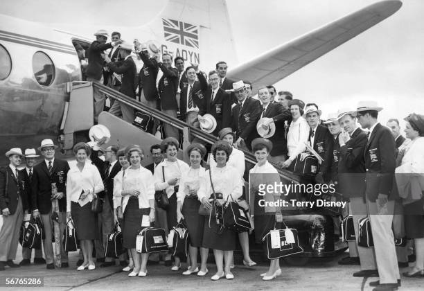 Members of the British Olympic team at London Airport prepare to board a BEA Viscount for their flight to Rome, 30th August 1960.