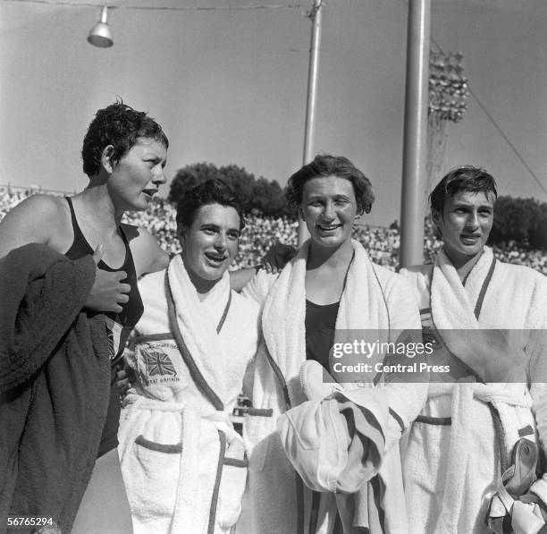The British swimming team for the 4 x 200-Metre Relay after winning the event at the Rome Olympics, 30th September 1960. Left to right: Natalie...