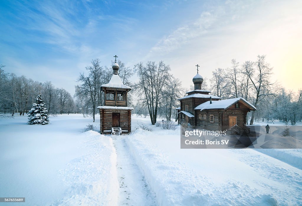 Old wooden church in winter
