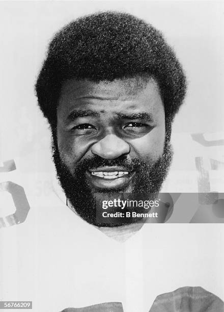 American professional football player Rayfield Wright, #70 of the Dallas Cowboys, smiles in a publicity photo, 1970s.